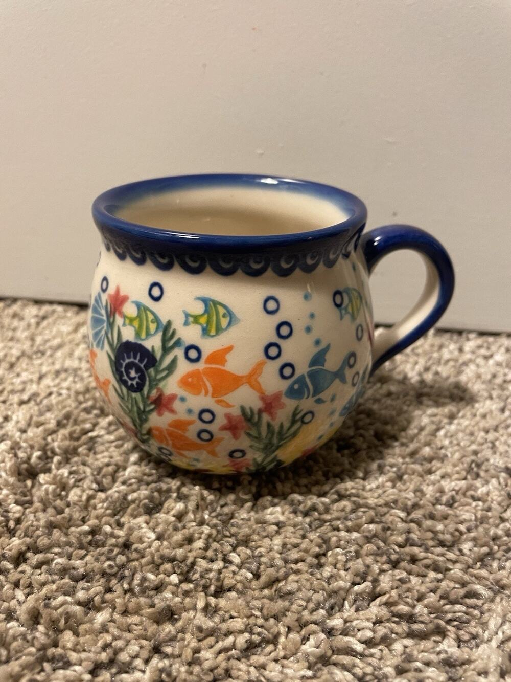 Vena Polish Pottery Ocean Fish Bubble Mug Artisan Table Poland Signed Under Sea